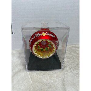 Designers Studio Hand Crafted Glass Christmas Ornament Red Floral Design & Refle